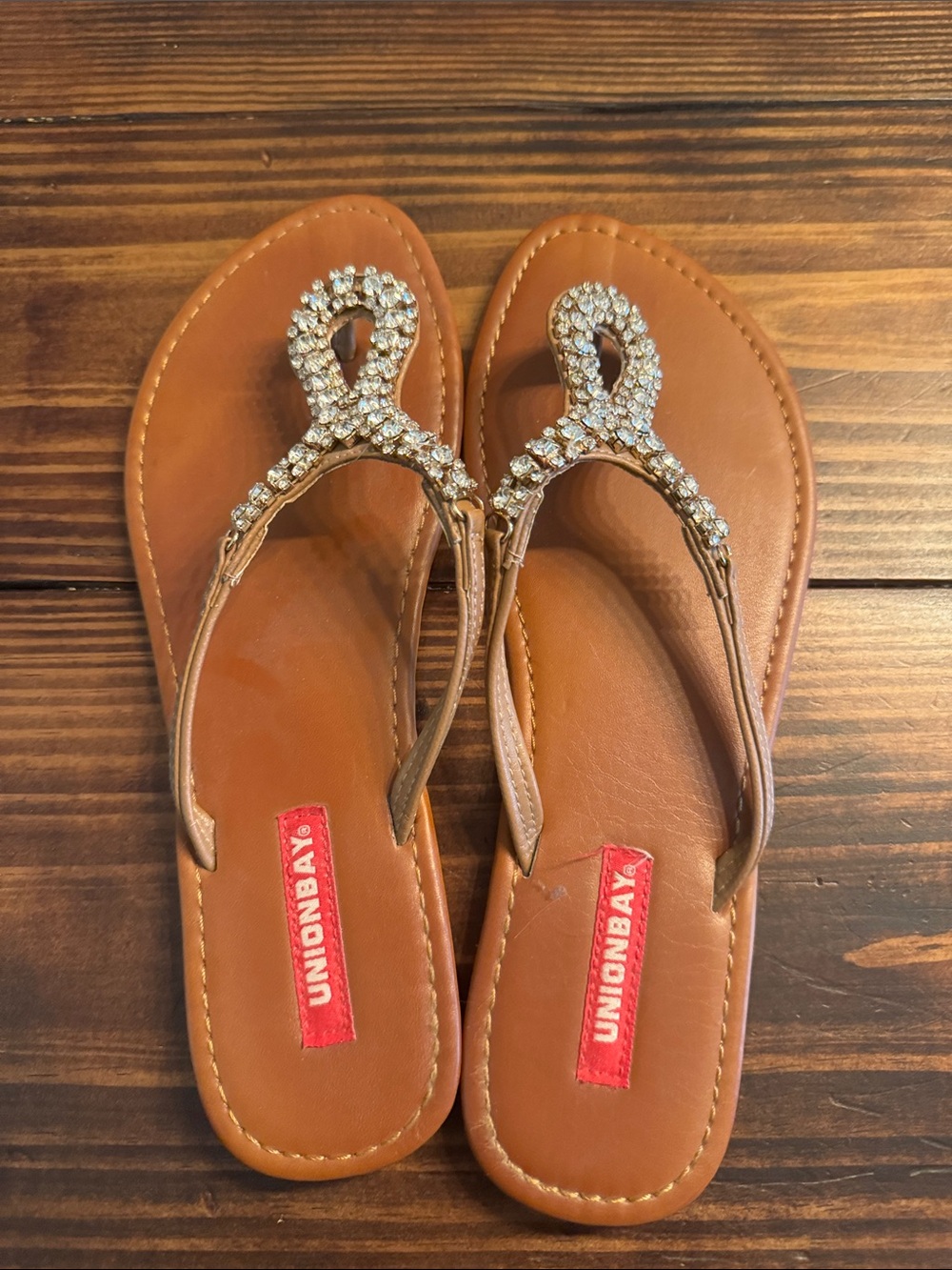 UNIONBAY Tan Rhinestone Loop Thong Sandals for Women